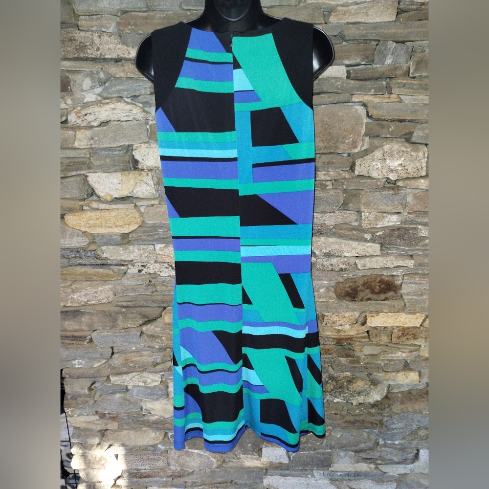 American Living sleeveless geometric blue and turquoise dress - Picture 4 of 7